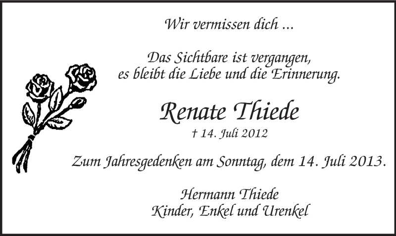  Traueranzeige für Renate Thiede vom 13.07.2013 aus MZV