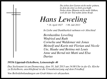 Todesanzeige von Hans Leweling von MZV