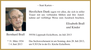 Todesanzeige von Bernhard Brall von MZV