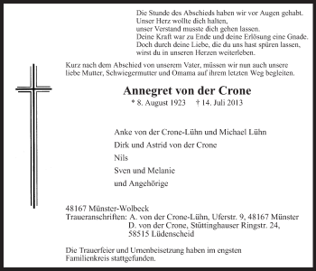 Todesanzeige von Annegret von der Crone von MZV