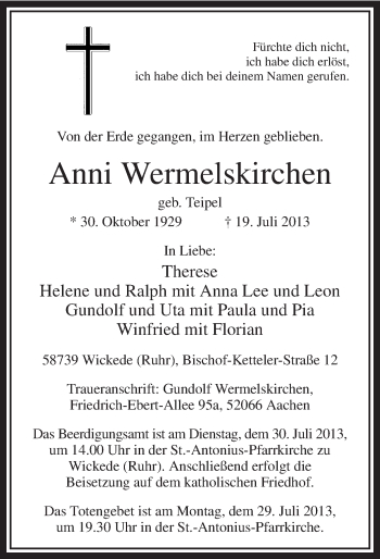 Todesanzeige von Anni Wermelskirchen von MZV