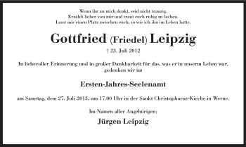 Todesanzeige von Gottfried Leipzig von MZV