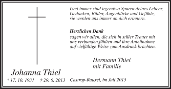 Todesanzeige von Johanna Thiel von MZV