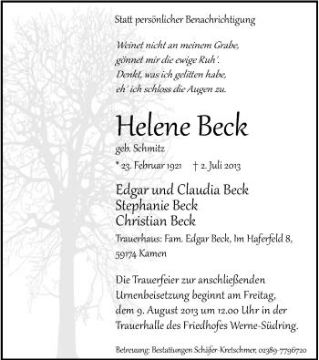 Todesanzeige von Helene Beck von MZV