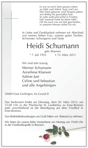 Todesanzeige von Heidi Schumann von WESTFÄLISCHER ANZEIGER
