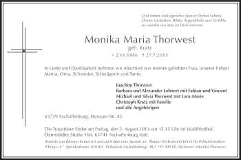 Todesanzeige von Monika Maria Thorwest von MZV