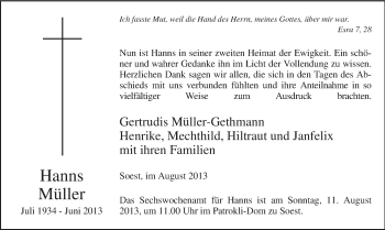 Todesanzeige von Hanns Müller von MZV