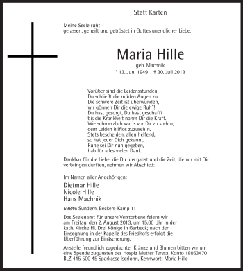 Todesanzeige von Maria Hille von MZV