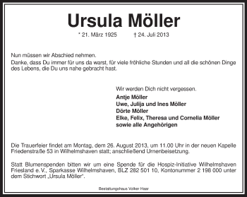 Todesanzeige von Ursula Möller von MZV
