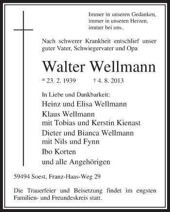 Todesanzeige von Soest Wellmann von MZV