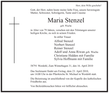 Todesanzeige von Maria Stenzel von WESTFÄLISCHER ANZEIGER