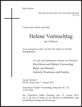 Todesanzeige von Helene Vormschlag von MZV