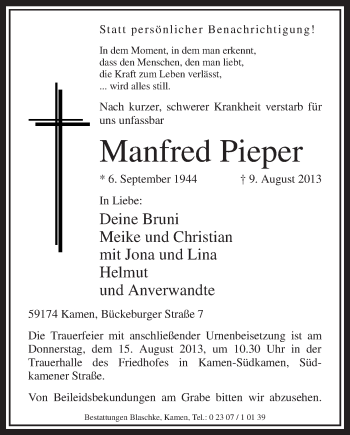Todesanzeige von Manfred Pieper von MZV