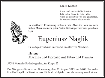 Todesanzeige von Eugeniusz Naglik von MZV