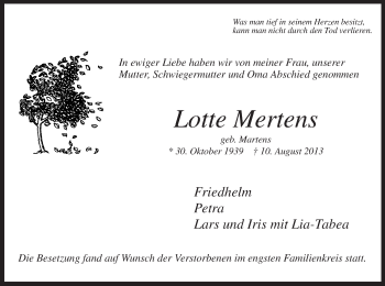 Todesanzeige von Lotte Mertens von MZV