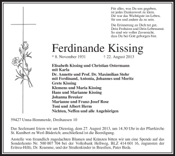 Todesanzeige von Ferdinande Kissing von MZV