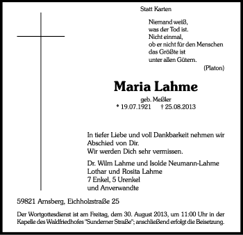 Todesanzeige von Maria Lahme von MZV