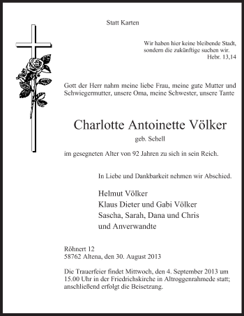 Todesanzeige von Charlotte Antoinette Völker von MZV