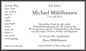 Todesanzeige von Michael Mühlhausen von MZV