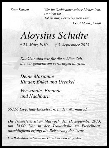 Todesanzeige von Aloysius Schulte von MZV
