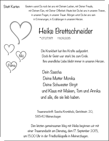 Todesanzeige von Heike Brettschneider von MZV