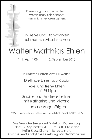 Todesanzeige von Walter Matthias Ehlen von MZV