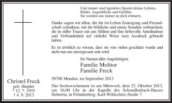 Todesanzeige von Christel Freck von MZV