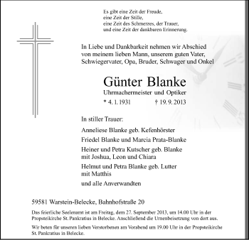 Todesanzeige von Günter Blanke von MZV