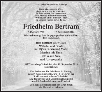 Todesanzeige von Friedhelm Bertram von MZV