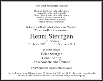 Todesanzeige von Henni Steufgen von MZV