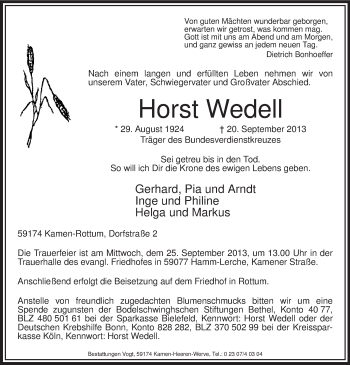 Todesanzeige von Horst Wedell von MZV