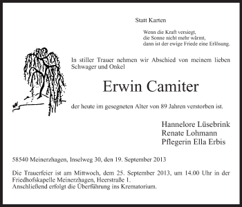 Todesanzeige von Erwin Camiter von MZV