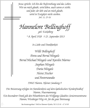 Todesanzeige von Hannelore Bellinghoff von MZV