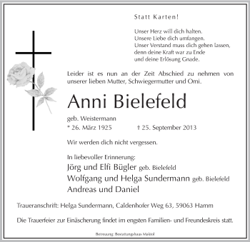 Todesanzeige von Anni Bielefeld von MZV