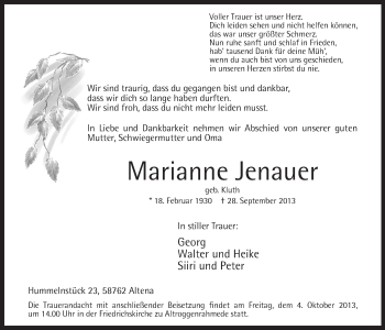 Todesanzeige von Marianne Jenauer von MZV