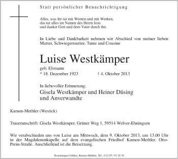 Todesanzeige von Luise Westkämper von MZV