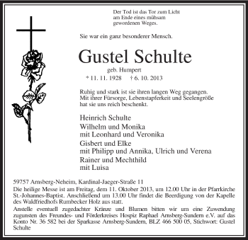 Todesanzeige von Gustel Schulte von MZV
