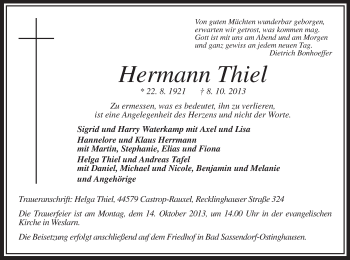 Todesanzeige von Hermann Thiel von MZV