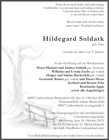 Todesanzeige von Hildegard Soldatk von MZV