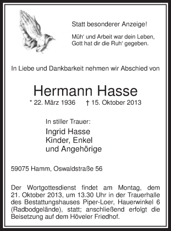 Todesanzeige von Hermann Hasse von MZV