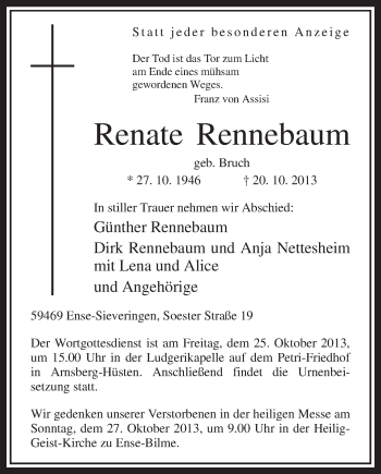 Todesanzeige von Renate Rennebaum von MZV
