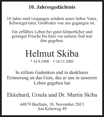 Todesanzeige von Helmut Skiba von MZV