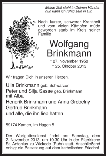 Todesanzeige von Wolfgang Brinkmann von MZV
