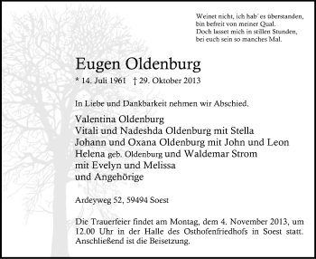 Todesanzeige von Eugen Oldenburg von MZV