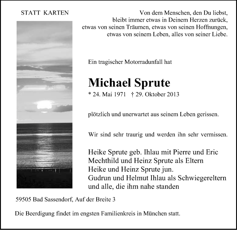  Traueranzeige für Michael Sprute vom 02.11.2013 aus MZV