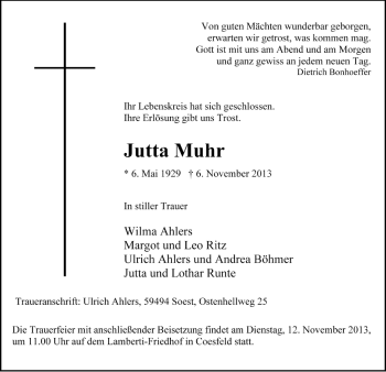 Todesanzeige von Jutta Muhr von MZV