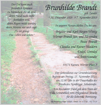 Todesanzeige von Brunhilde Brandt von MZV