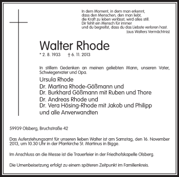 Todesanzeige von Walter Rhode von MZV