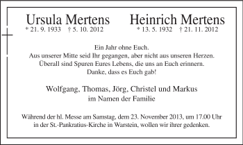 Todesanzeige von Ursula und Heinrich Mertens von MZV