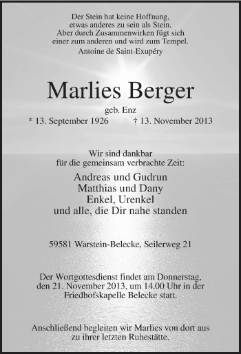 Todesanzeige von Marlies Berger von MZV